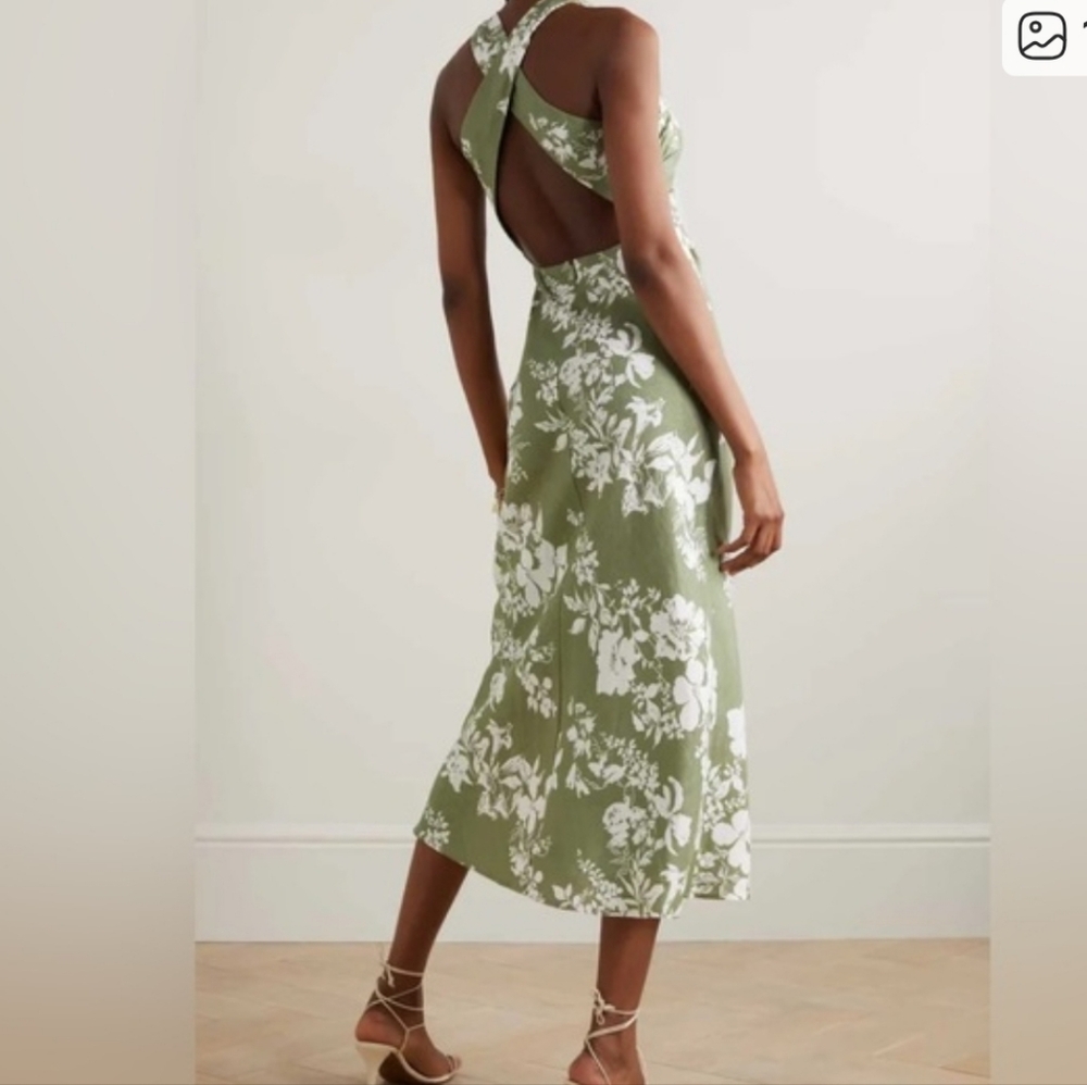 Reformation Cassette Linen Dress - Willow - Cross Back Floral Maxi Dress - 10